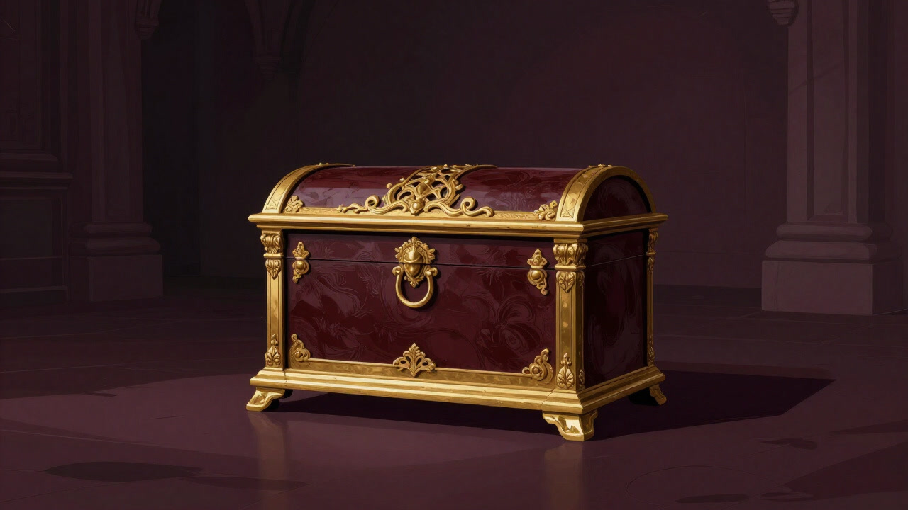 An ornate gilded wooden box resting in a dimly lit sacred chamber.