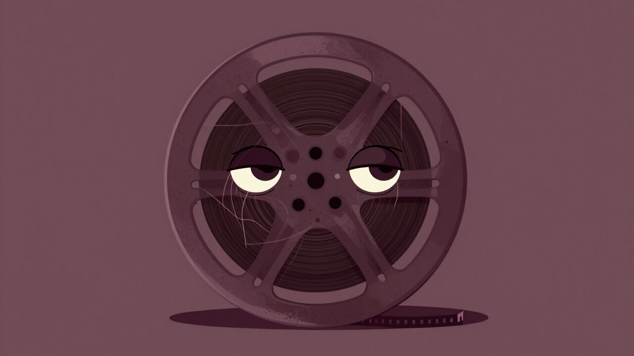 Illustration of a dusty film reel staring back with tired mechanical eyes.