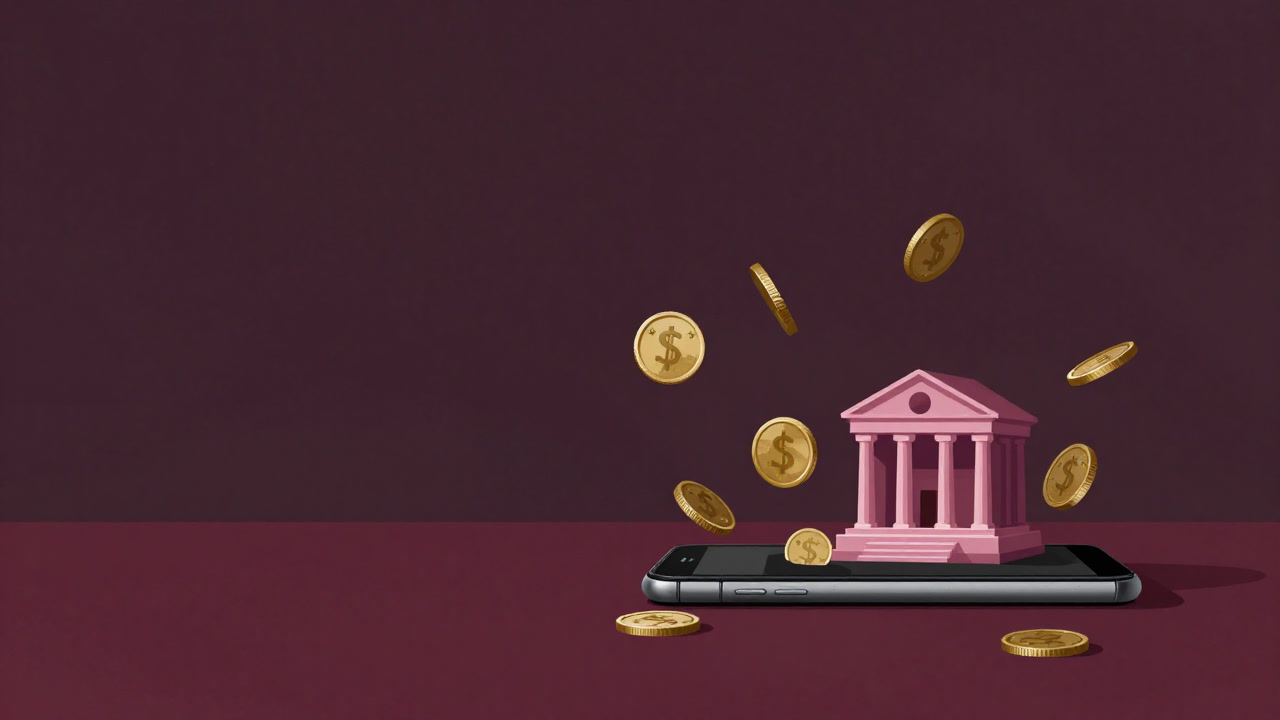Illustration of coins flying out of a smartphone with a bank building in the distance