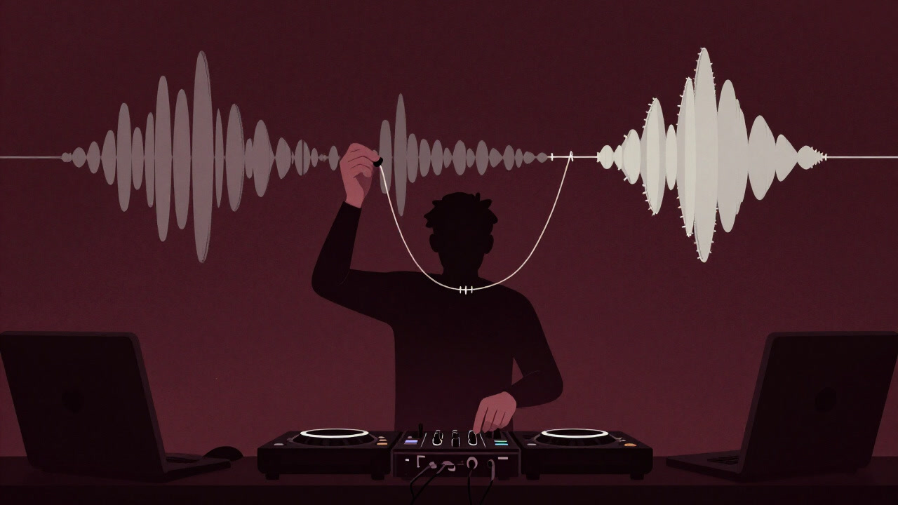 Illustration of a DJ in a dimly lit studio struggling to seamlessly stitch together multiple audio samples emanating from the stereo