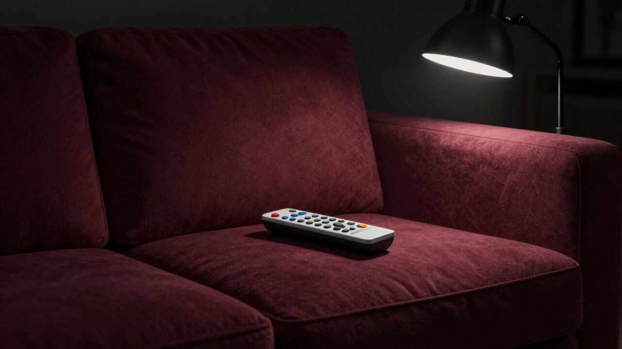ソファの上で孤独に光るリモコンの写真
