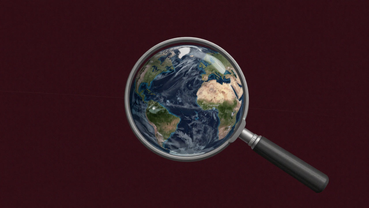 Illustration of a satellite looking down at Earth with a giant magnifying glass pulled close.