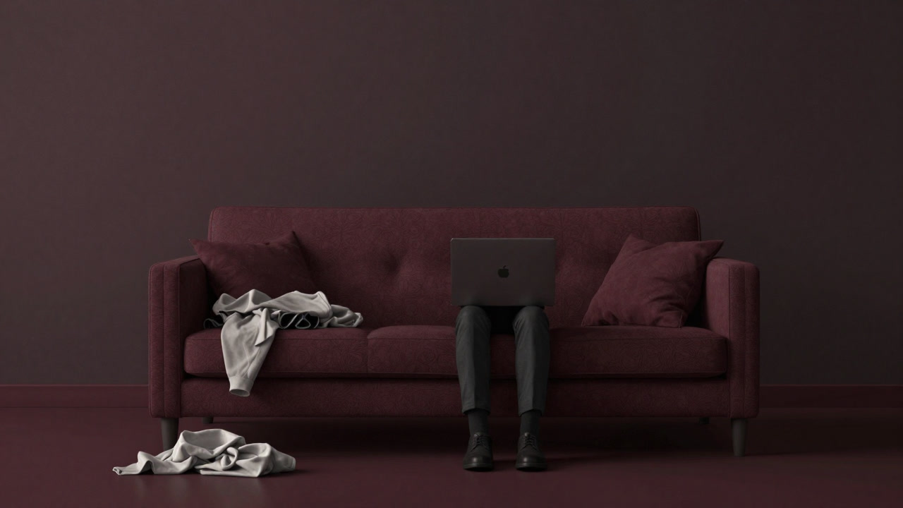 Silhouette of a remote worker facing a laptop in a dim living room, with scattered laundry visible in the background.
