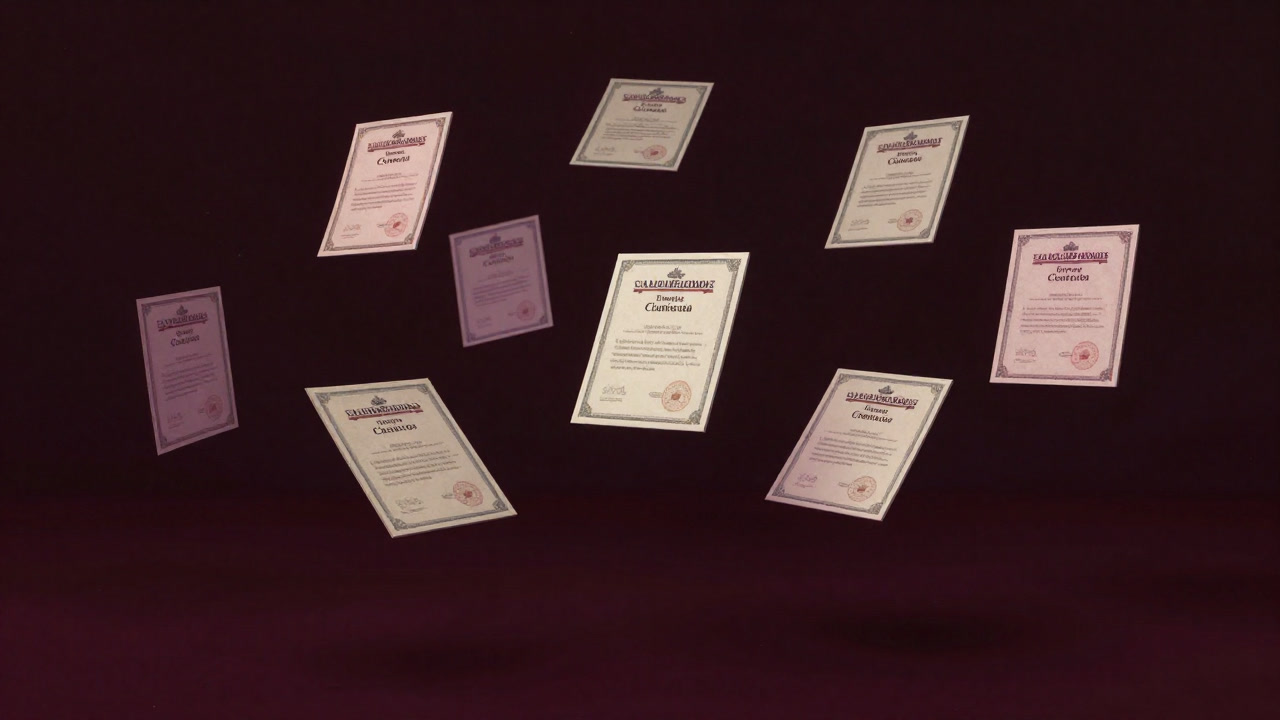 Illustration of countless credit certificates floating in a digital space, reflecting light and glittering