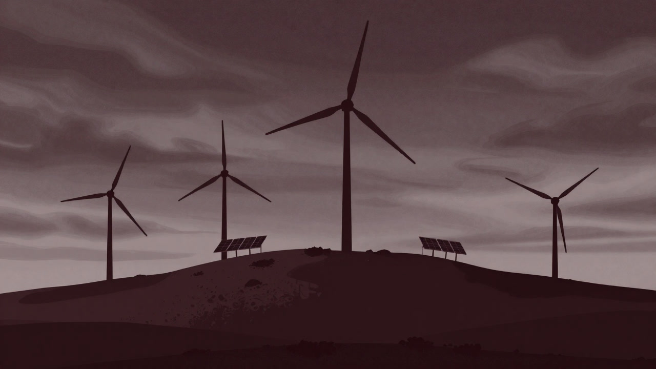 風力タービンと太陽光パネルが並ぶ丘の上に曇り空が広がる画像