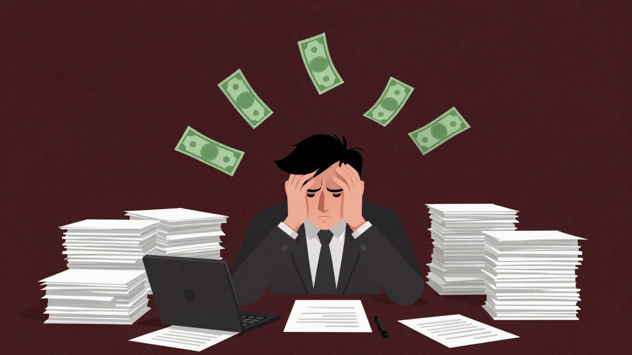 書類と電卓に囲まれ、うつむく企業担当者の背後で踊る緑色の紙幣