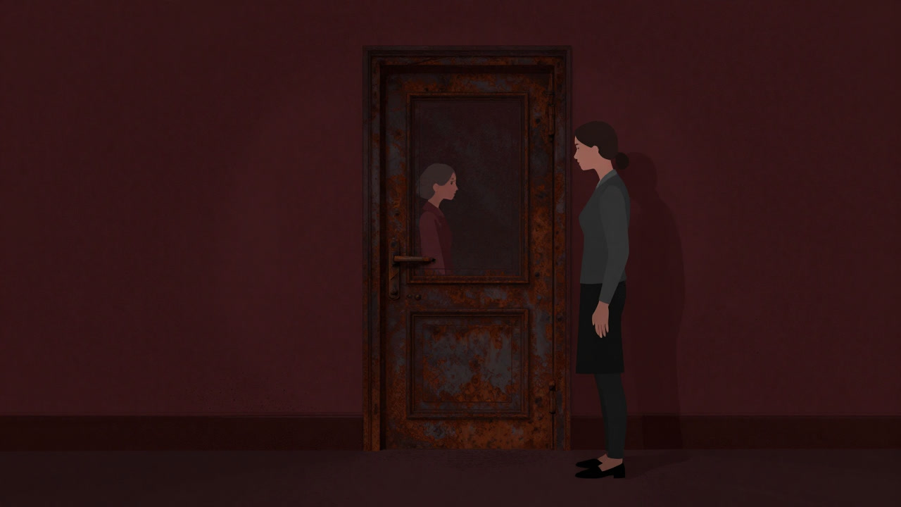 Illustration of a couple standing before a rusted door, hesitating to reunite after a breakup.