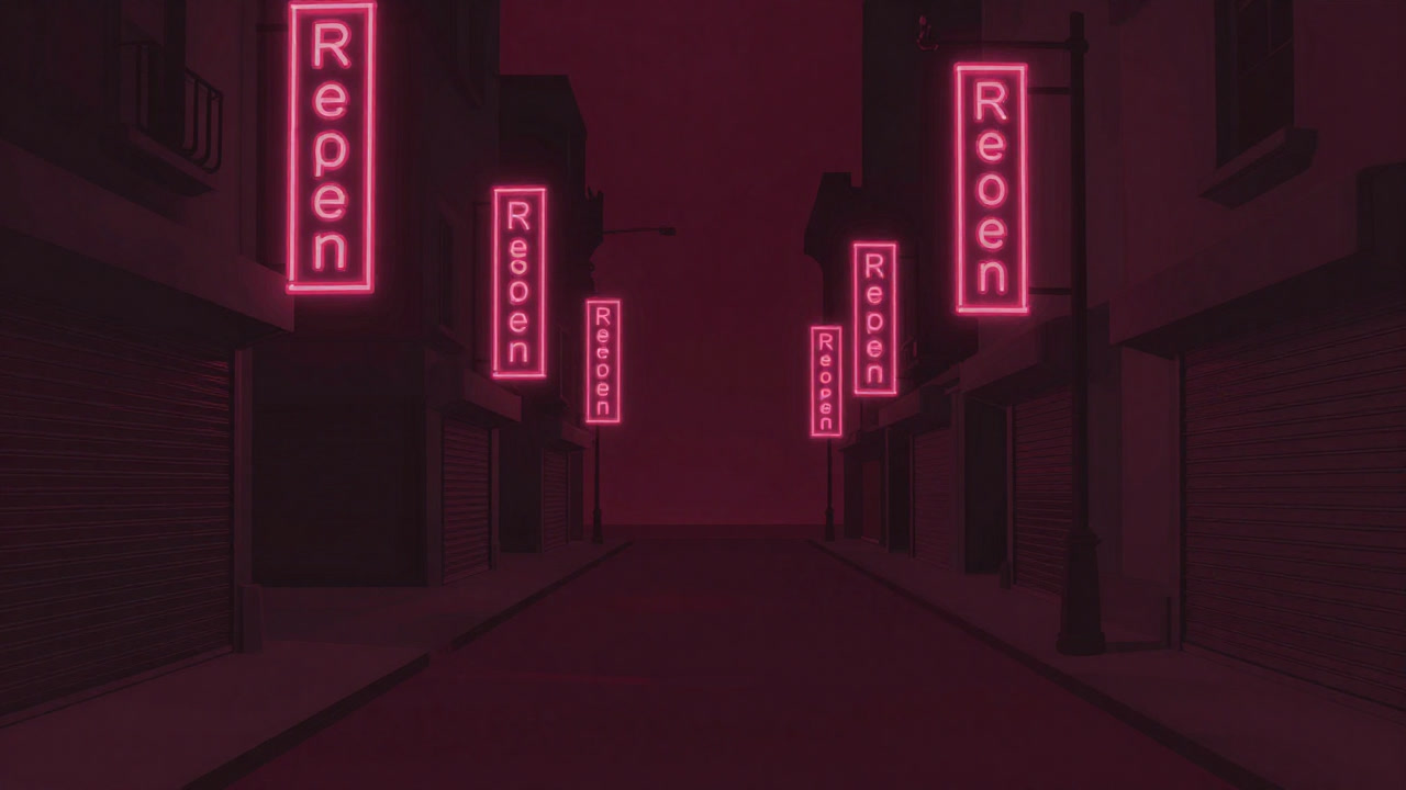 A brightly lit shopping street celebrating reopening contrasted with shadows of fallen shutters