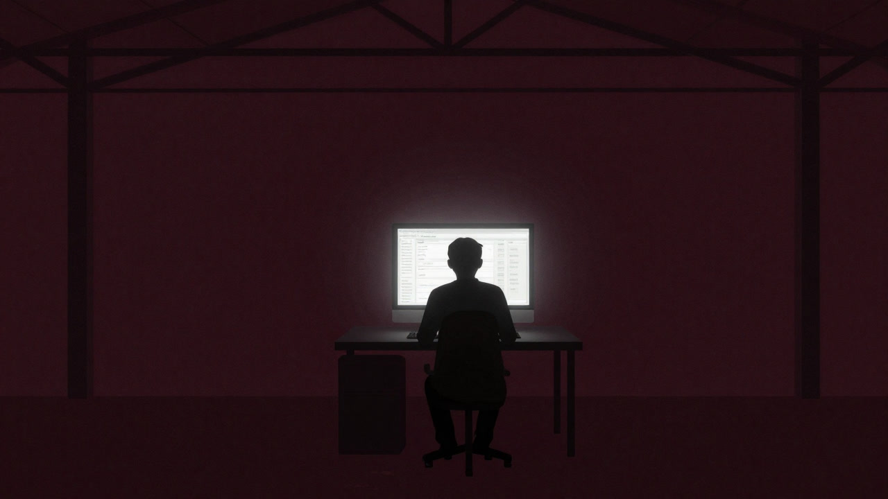 暗闇の倉庫で、在庫表を前に怯えた表情を浮かべる管理者のシルエット