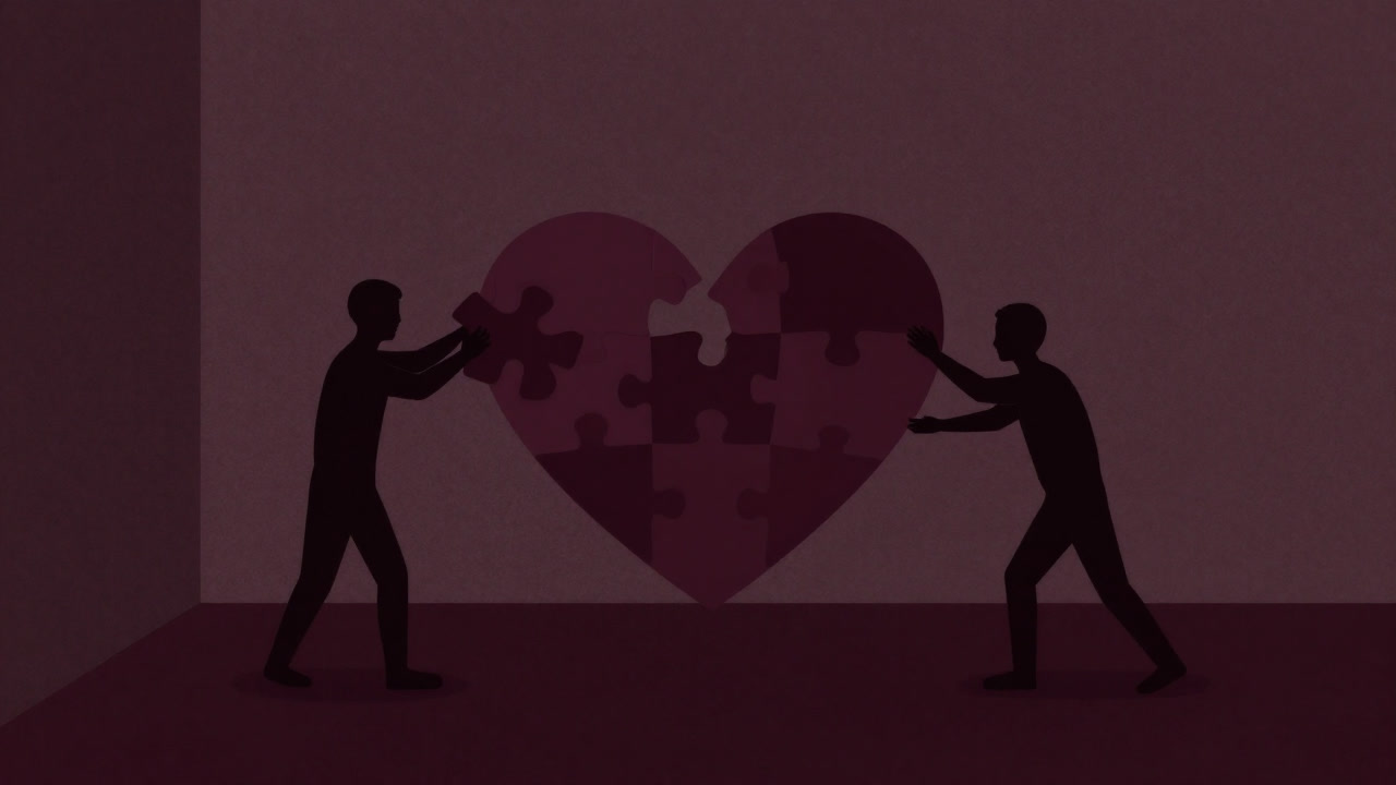 Silhouetted figure trying to piece together shattered heart-shaped puzzle pieces.