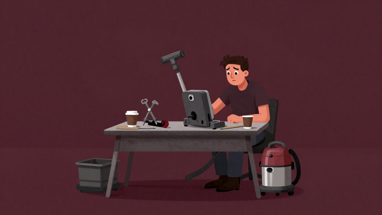 工具とコーヒーカップが混在したテーブルで、途方に暮れた表情の利用者が壊れた掃除機を眺めているイラスト