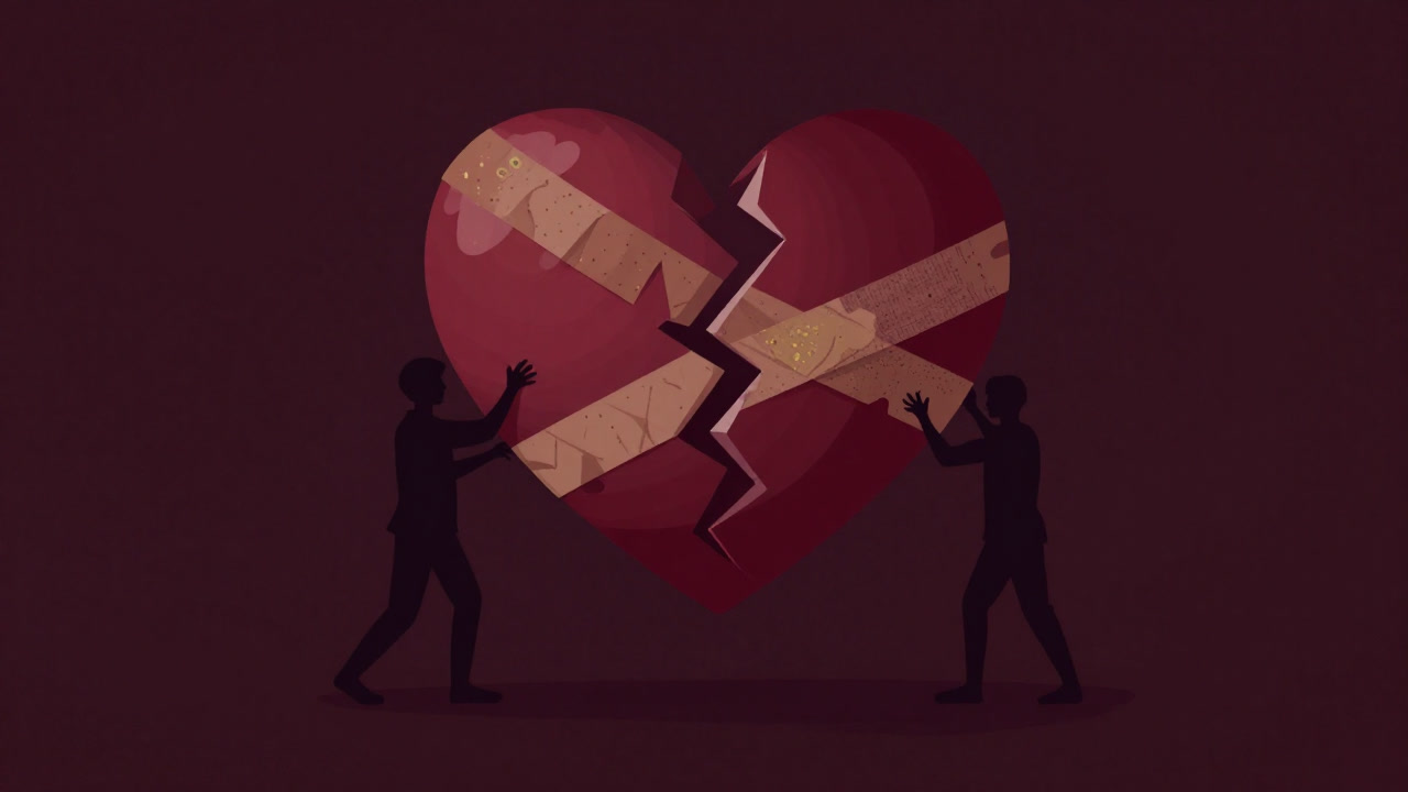 Silhouettes of two people trying to tape together a broken heart