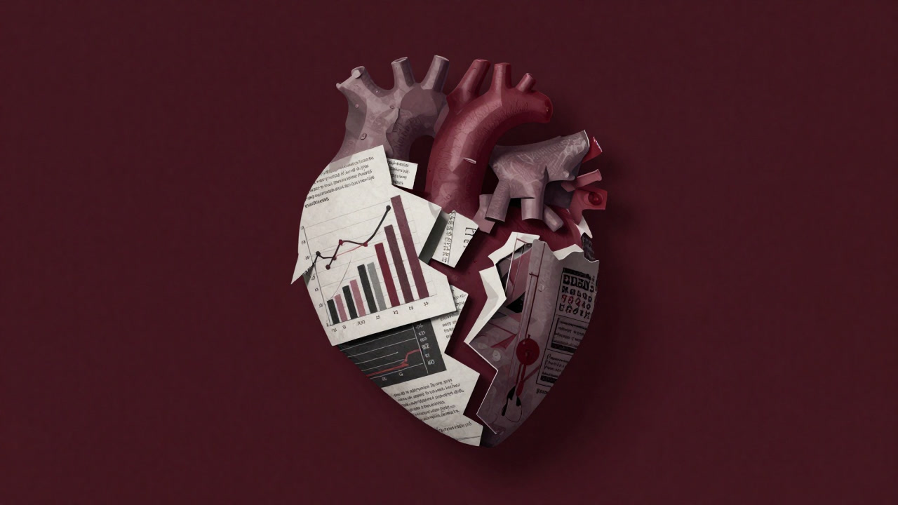 Image of a broken heart being patched with business charts
