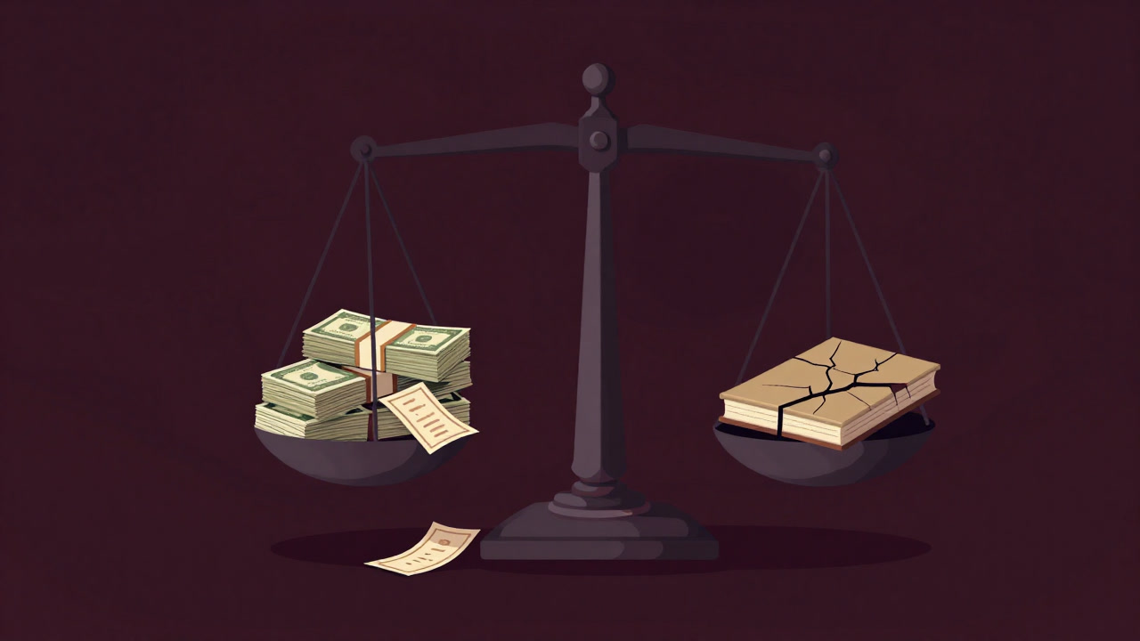 壊れた秤の上に並べられた札束と小切手