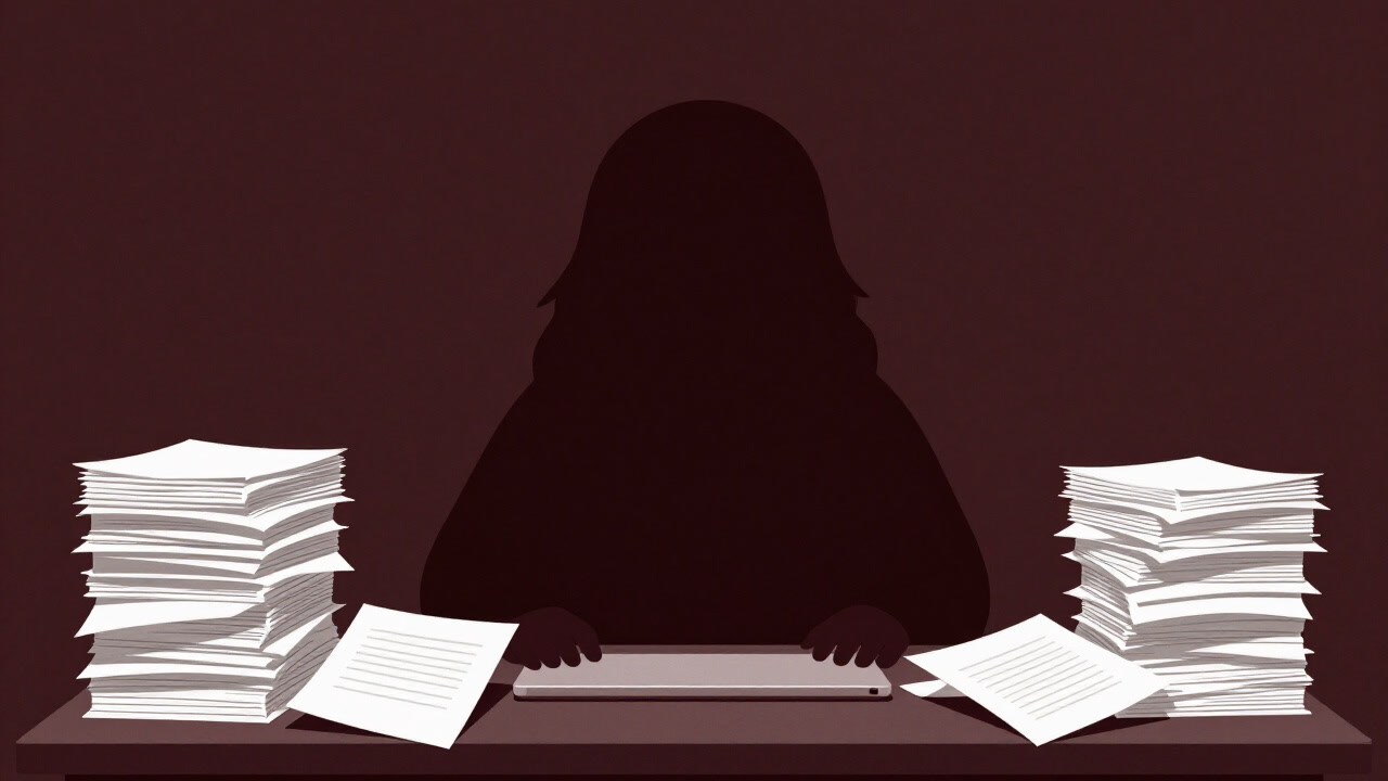 An office desk under fluorescent lights piled high with monstrous stacks of report papers