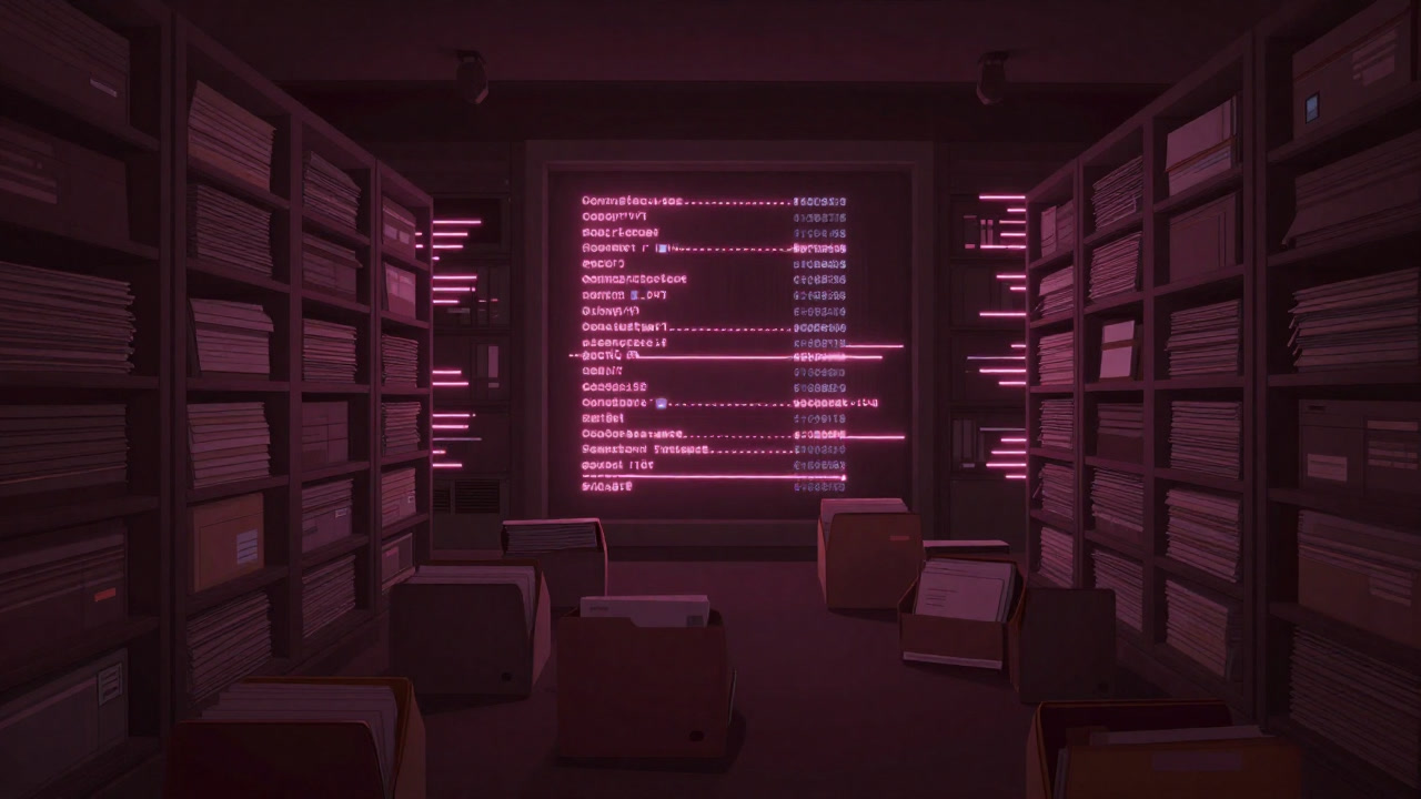 Illustration of a chaotic stack of files with faintly glowing commit logs in the background, representing a repository.