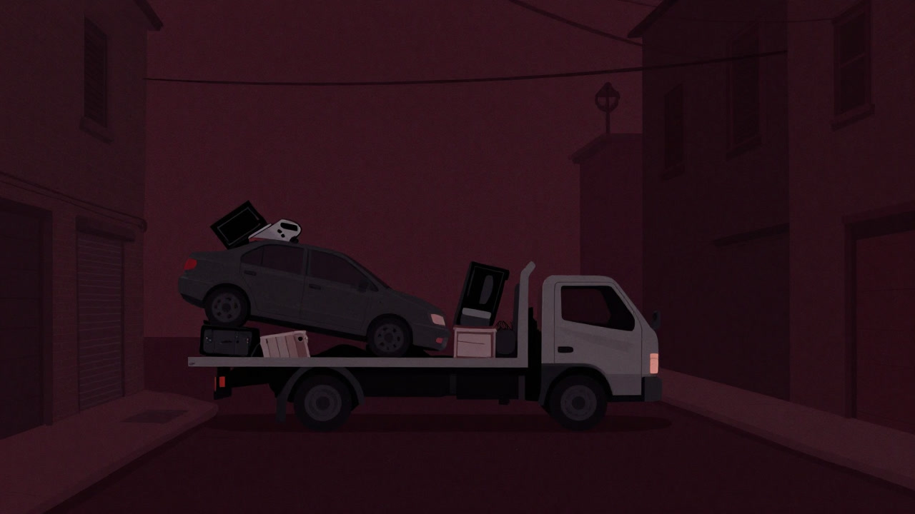 Illustration of furniture and a car loaded onto a truck being hauled through a dark alley at night