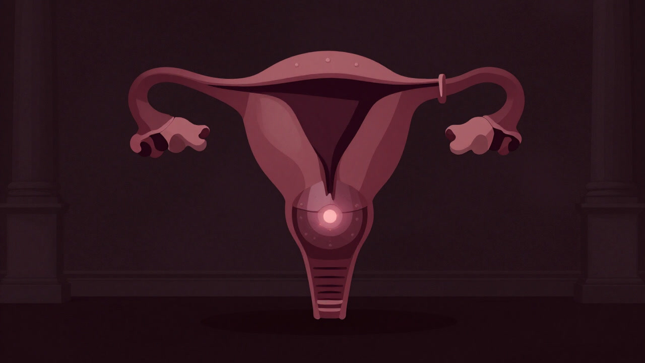 暗い部屋の中、保護具のように覆われた骨盤に守られながら疲れた表情で点滅する子宮を象徴するアート作品