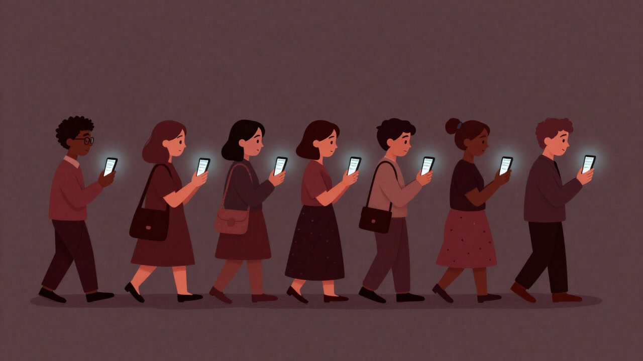 Illustration of a long line of people staring anxiously at their phones showing a reservation screen