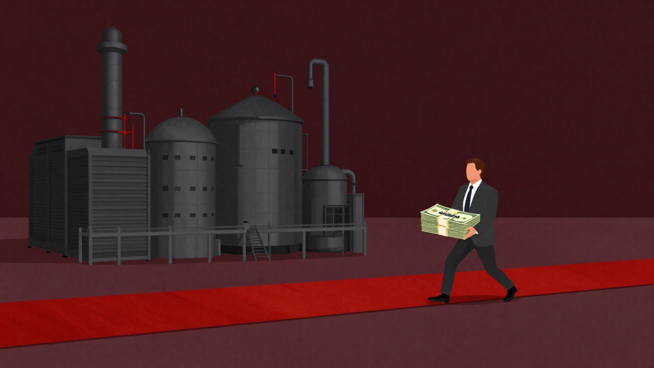 Illustration of a factory being led home by a CEO, holding bundles of subsidies