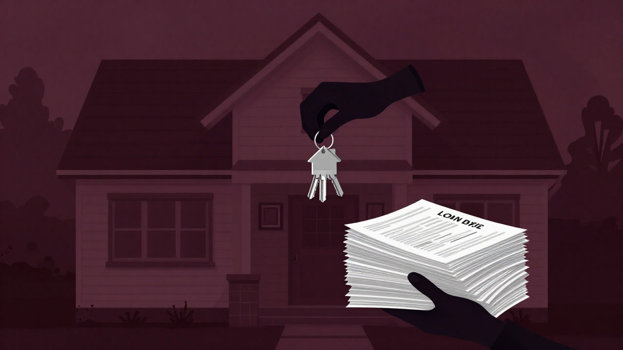 居住用不動産の外観図、引渡し鍵と重いローン書類を抱える人のシルエット。