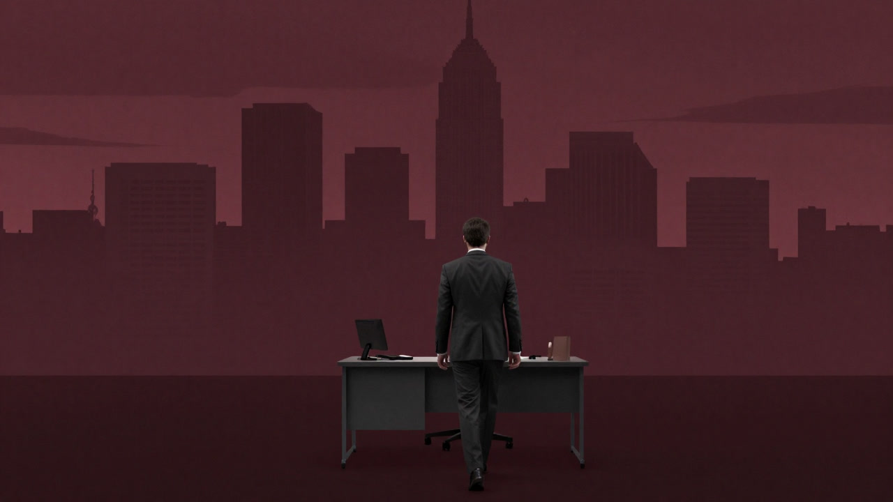 Back of a person in a suit leaving a corporate desk, gazing at a city skyline at dusk