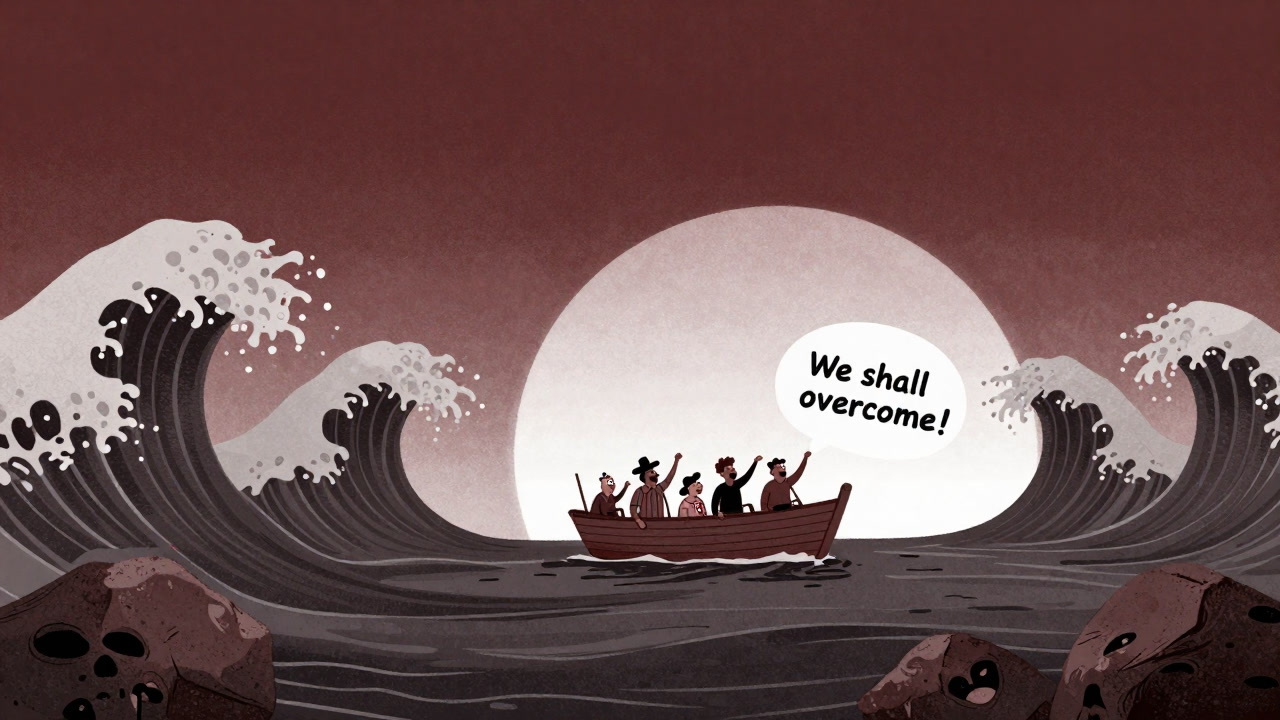 巨大な荒波の上でヨットを漕ぎながら、笑顔で「乗り越えるぞ！」と叫ぶ人々のイラスト