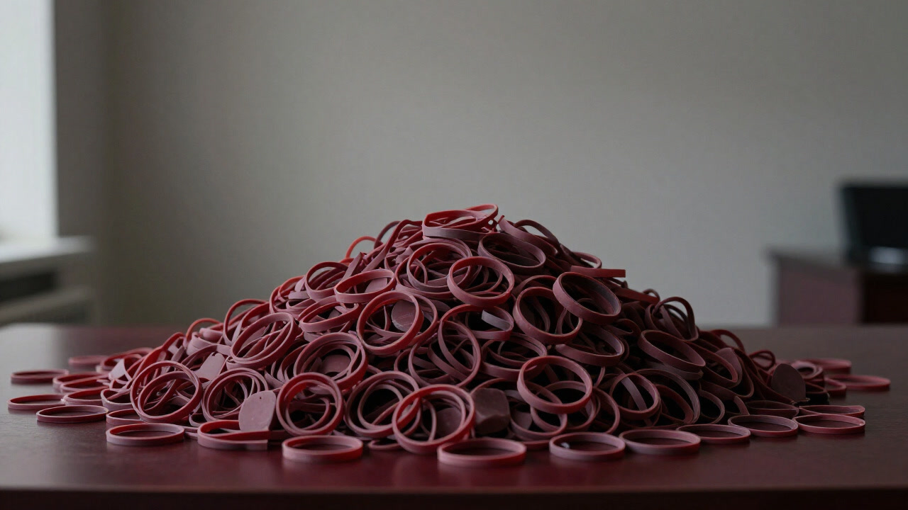A desk covered in scattered rubber bands piled like a mountain.