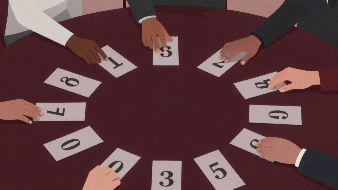 Close-up of hands picking numbered scraps of paper laid out on a conference table