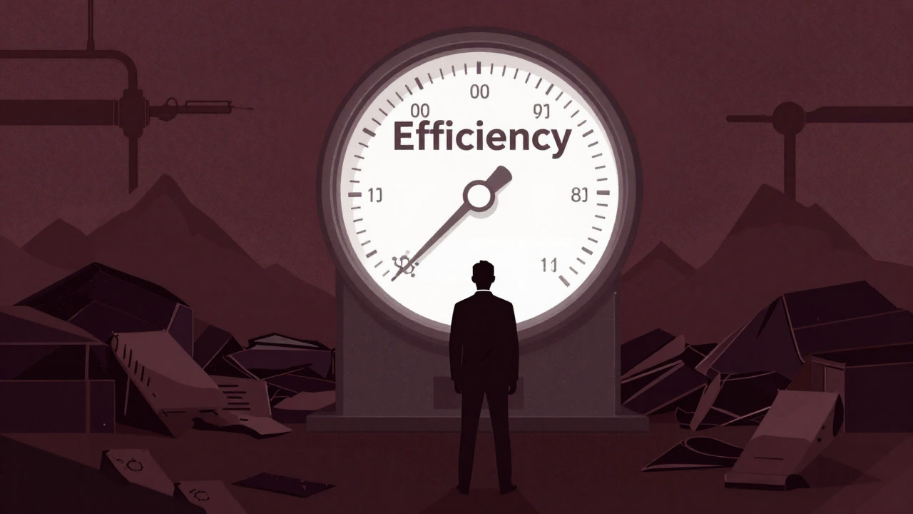 Silhouette of a businessman looking exhausted at a gauge in front of a mountain of wasted materials