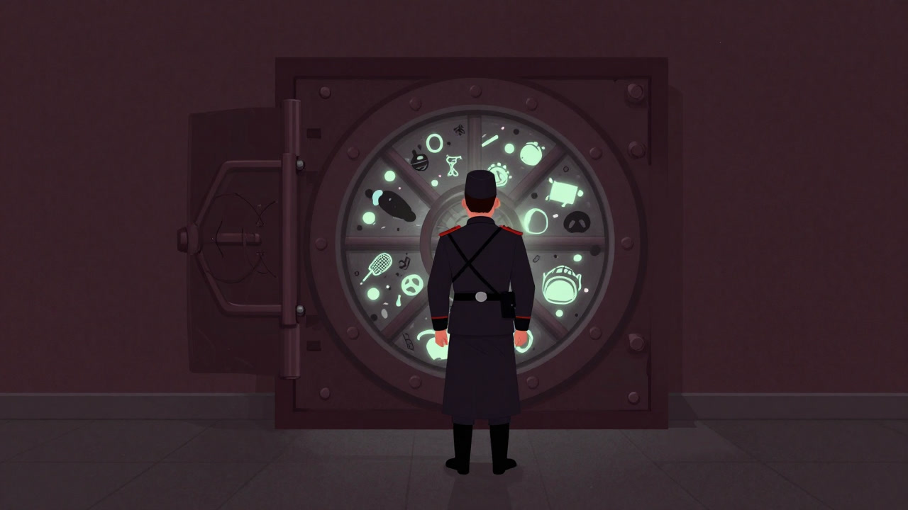 Silhouette of a person standing guard in front of a giant vault