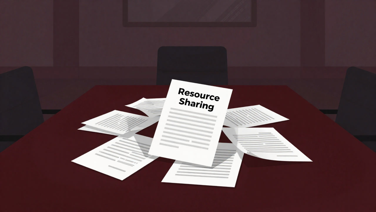 Stack of documents labeled 'Resource Sharing' piled on a conference table