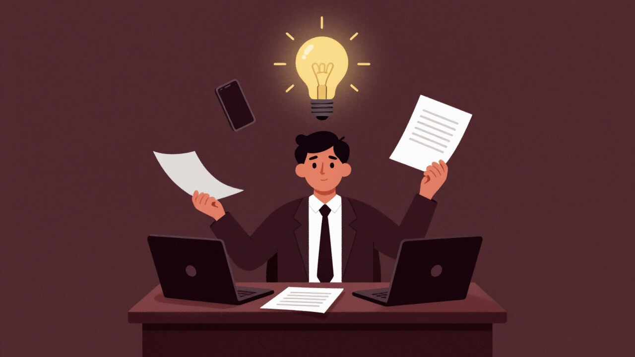 Illustration of a business person juggling documents and a smartphone to escape a crisis through resourcefulness.