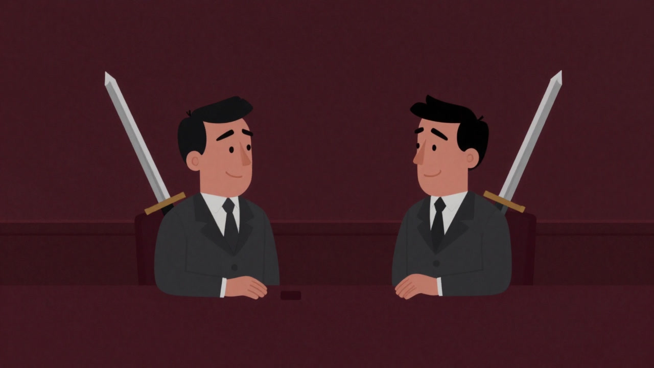 Illustration of a participant in a meeting smiling while internally slicing up the opponent's argument