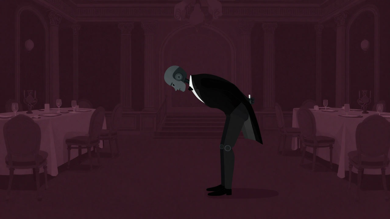 空の宴会場で深々と頭を下げるロボット執事の風刺画