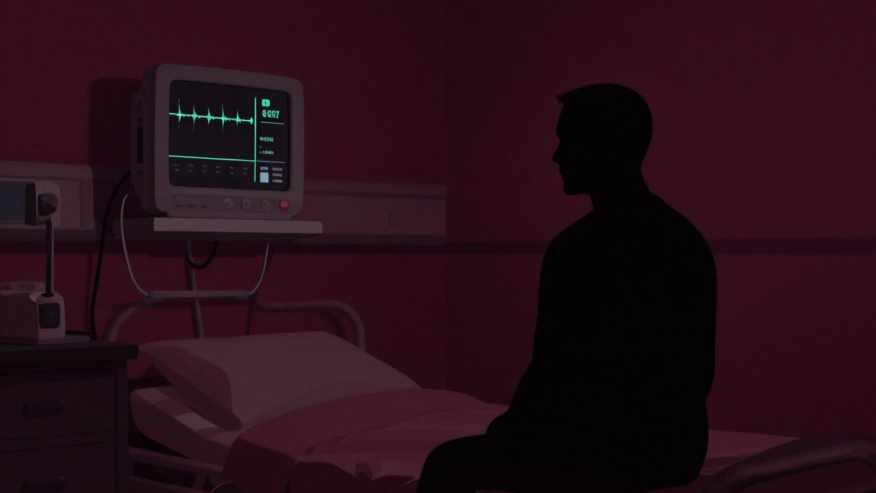 病院のモニターに映し出された呼吸数の数字と、暗い部屋でそれを見つめる影のある人影