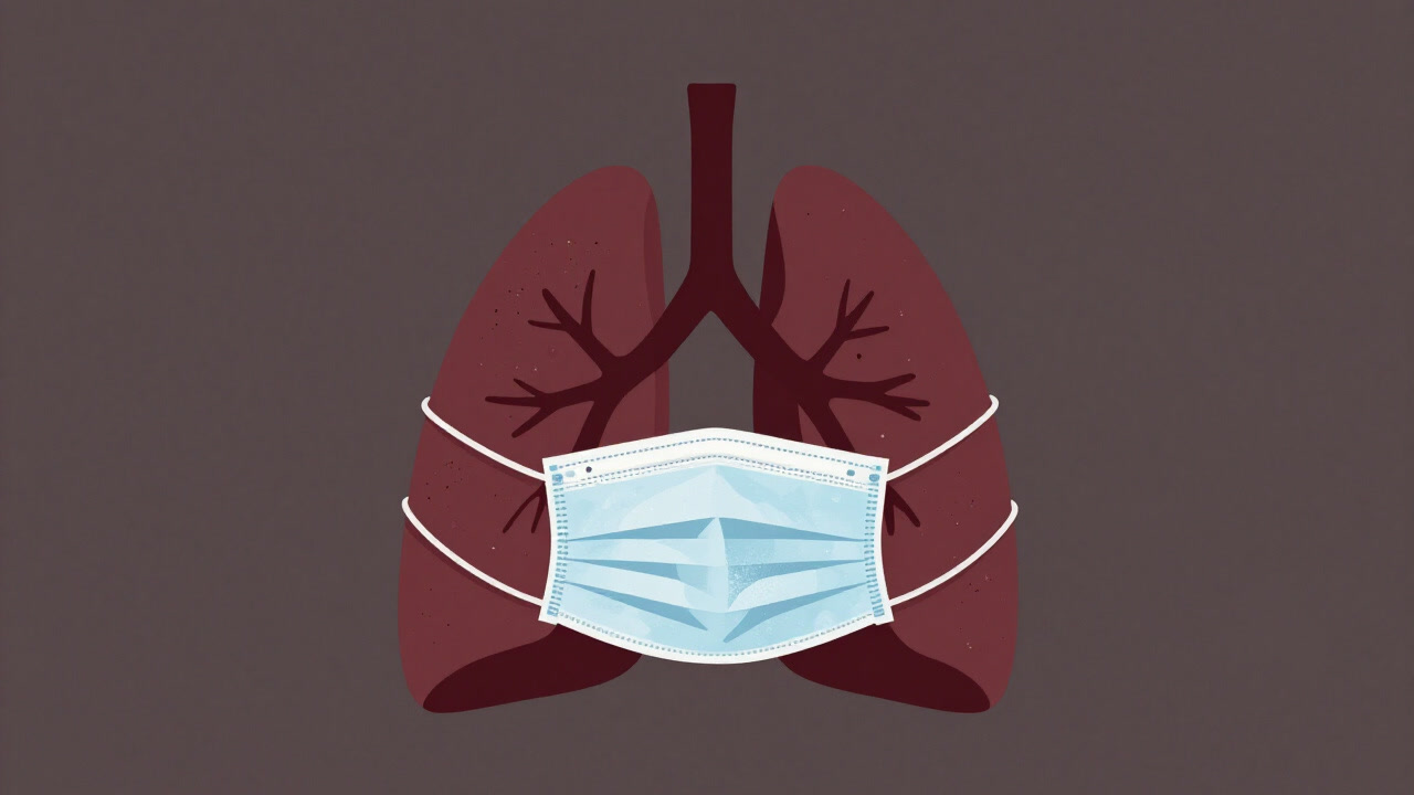 Illustration of tired lungs wearing a mask, struggling with the atmosphere.