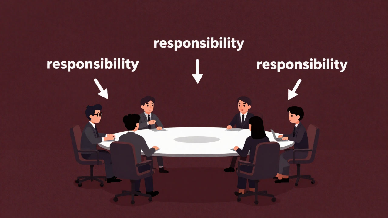 Illustration of team members around a conference table passing responsibility arrows among each other
