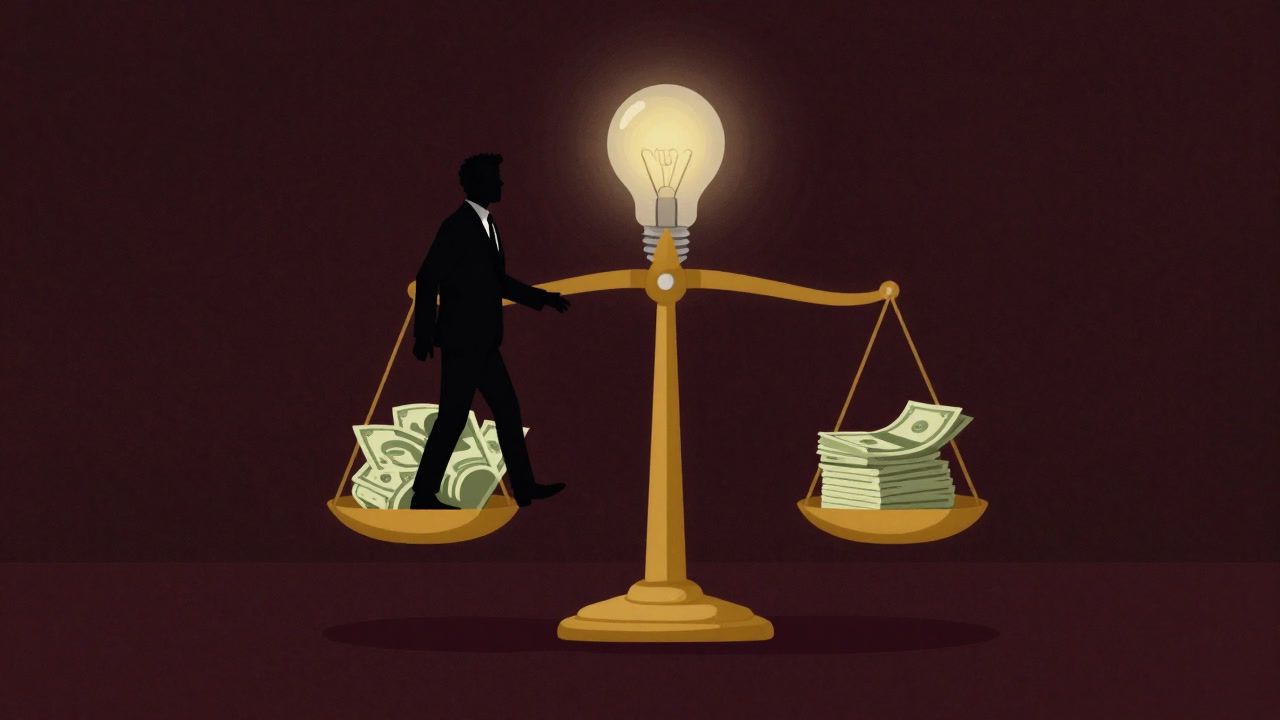 Silhouette of an investor weighing money against a lightbulb with a golden scale