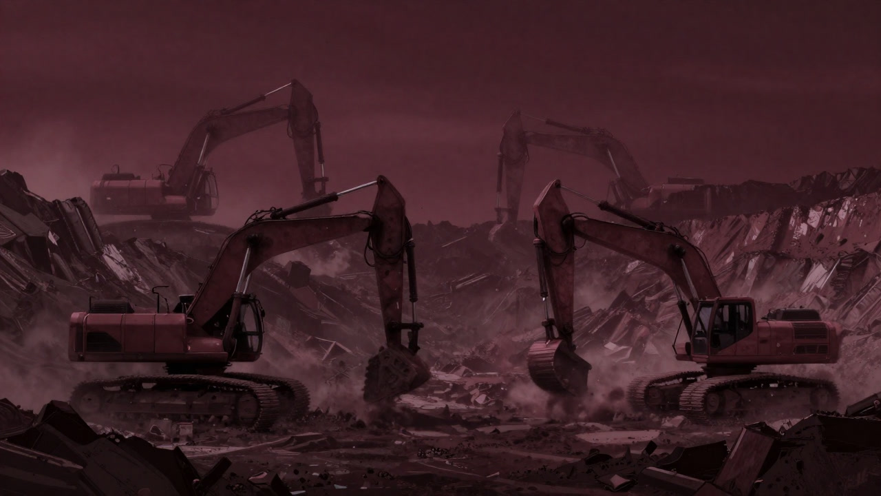 Image of a futuristic mining site with dusty machinery extracting ore from a rusted rock