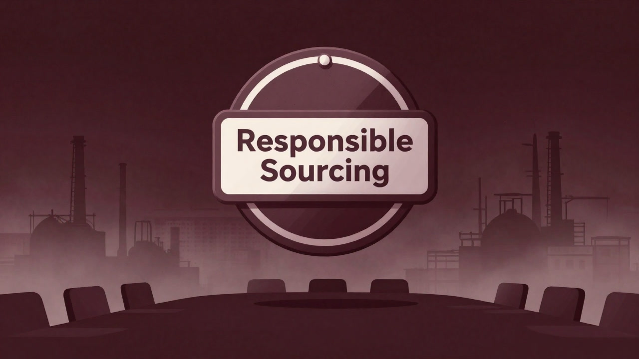 Illustration of factory silhouettes shrouded in mist under a sky bearing a company's logo and a 'responsible sourcing' badge