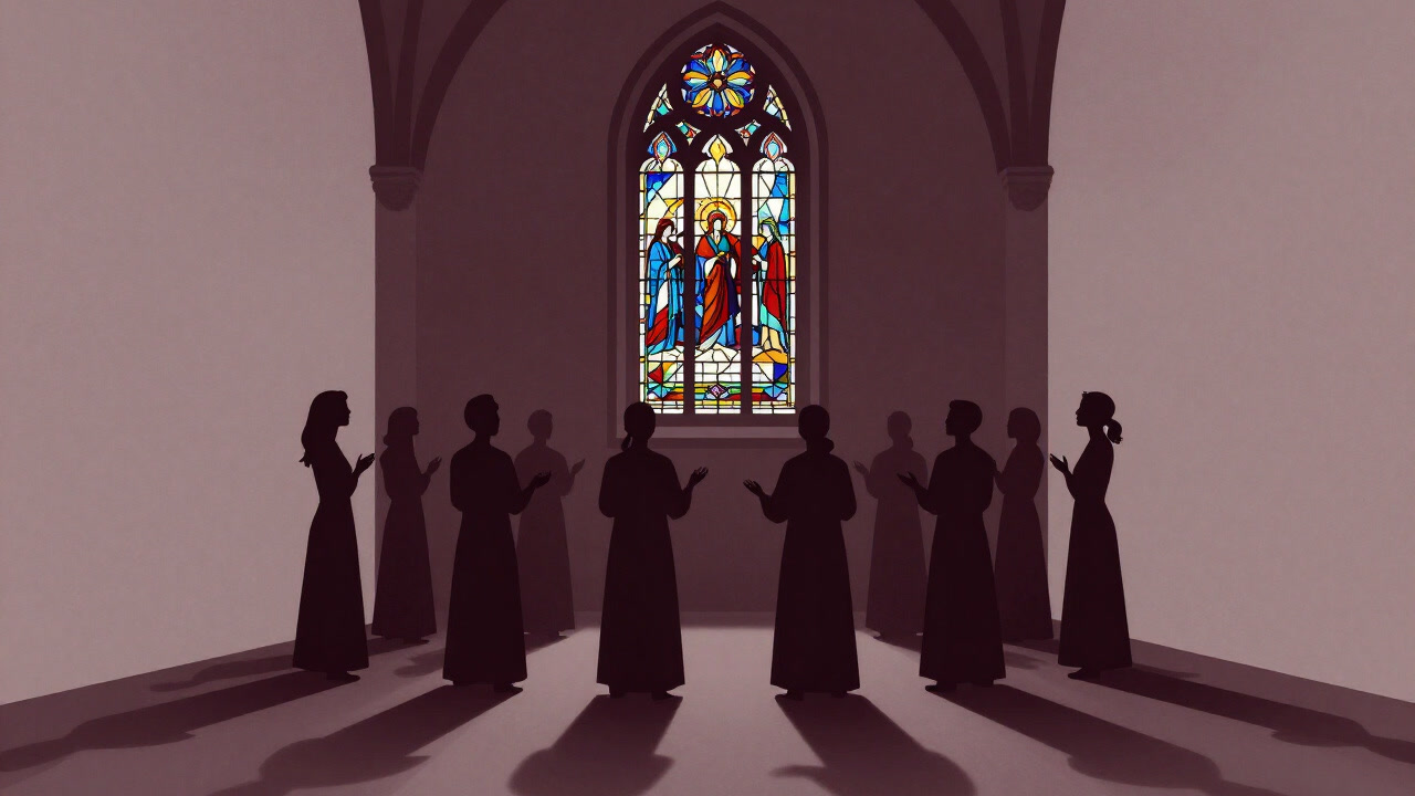 聖堂のステンドグラスの前で、声を合わせて唱和する人々の影が不気味に揺れる画像