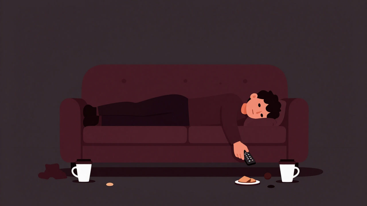 ソファにくたっと横たわり、リモコンを握りしめる疲れ切った人のイラスト