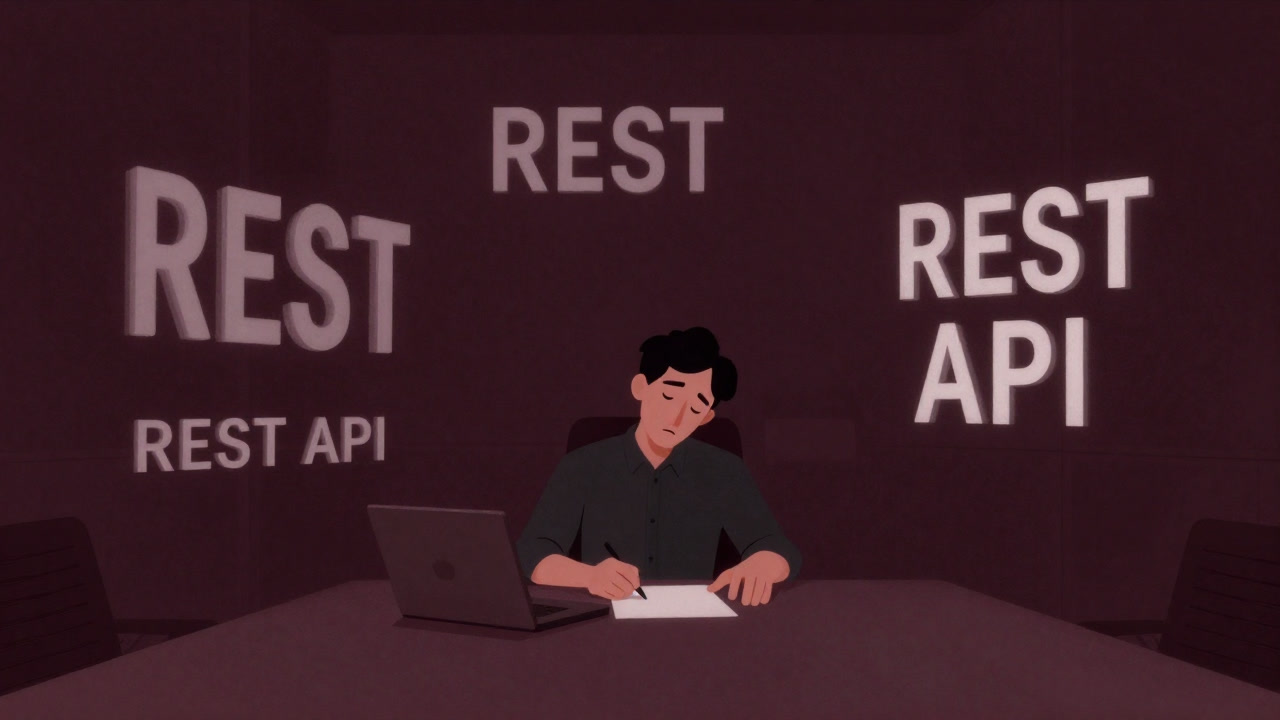 Silhouette of exhausted engineer listing REST API endpoints in a dark meeting room