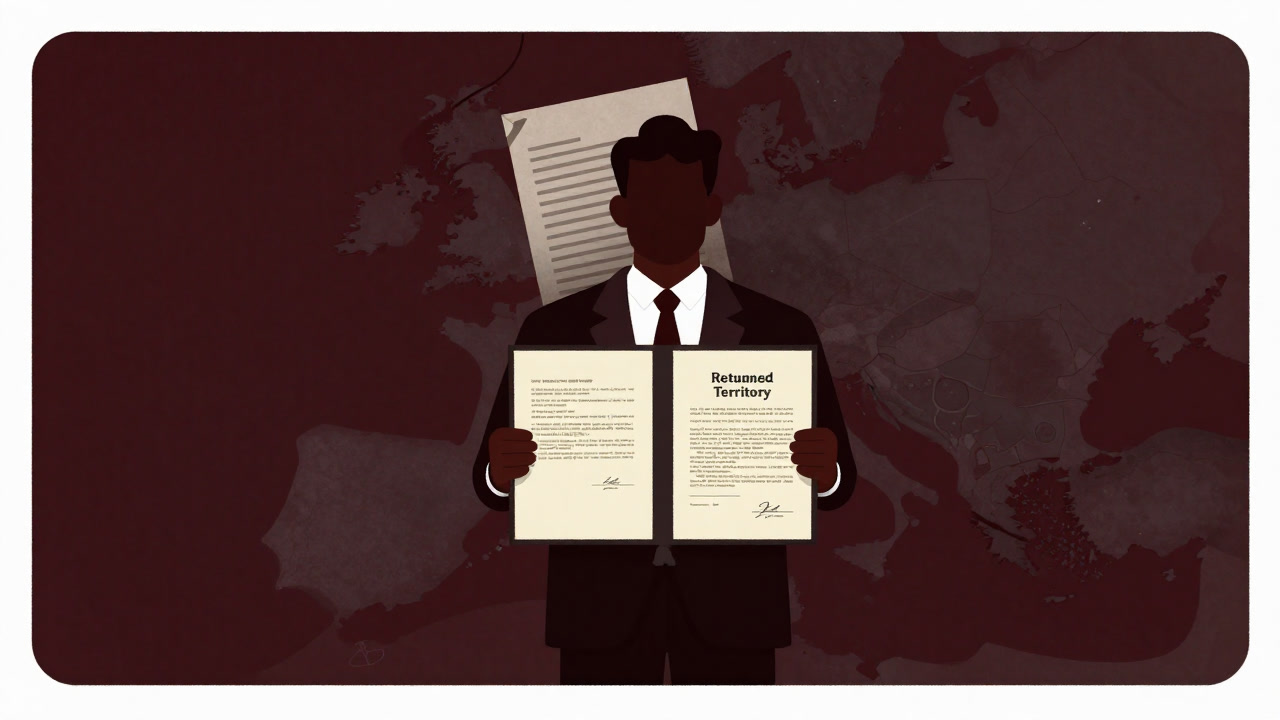 Illustration of a politician clutching an old treaty while holding up a map of the returned territory