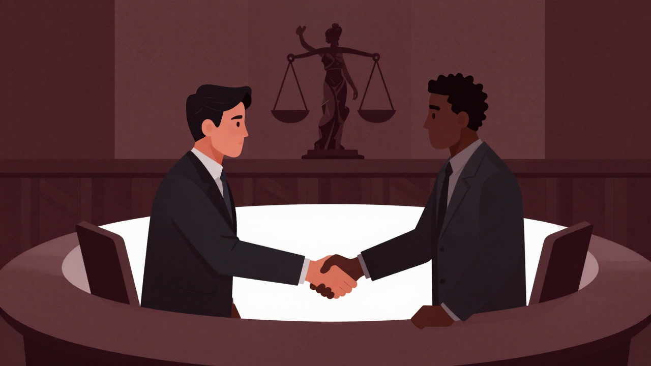 被害者と加害者が円卓でぎこちなく握手し、背景に折れた天秤の像