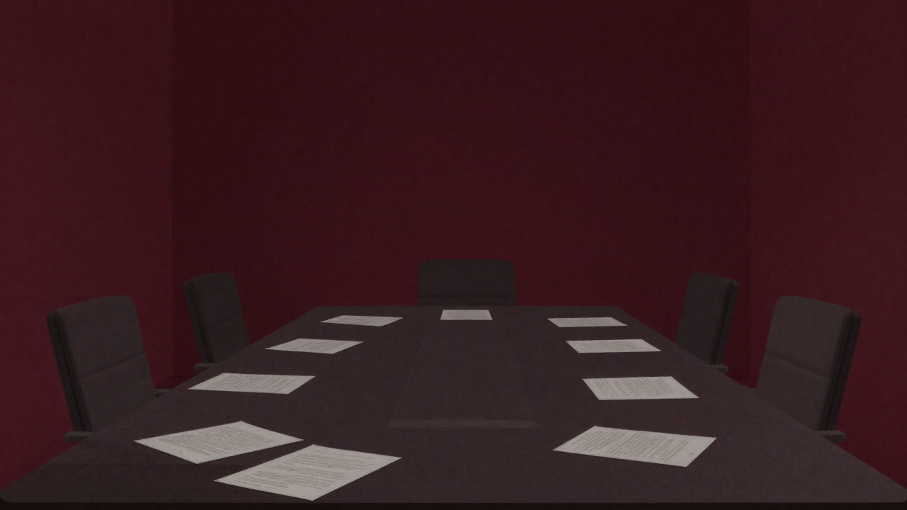 Empty boardroom of a collapsed corporation, dusty and deserted