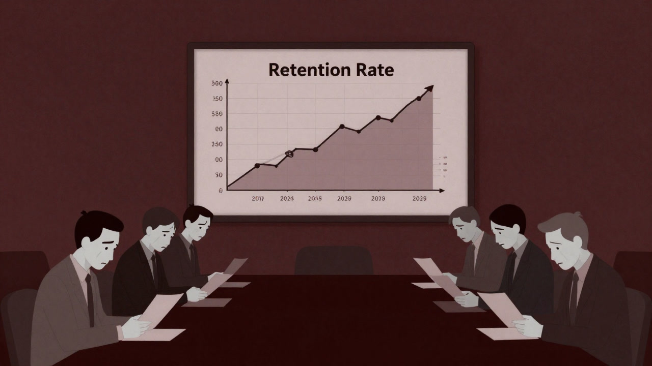 Illustration of a meeting room where a retention rate graph is posted on the wall and employees with pale faces are looking down