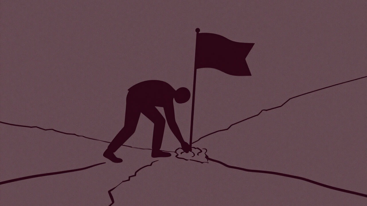 薄紙のように引き直される境界線をバックに、ご都合主義で旗を立てる人物のシルエット