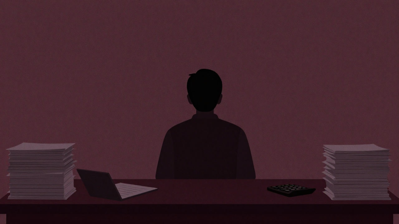 デスクの上に山積みの書類と電卓を前に、遠い目をする人のシルエットが映る画像
